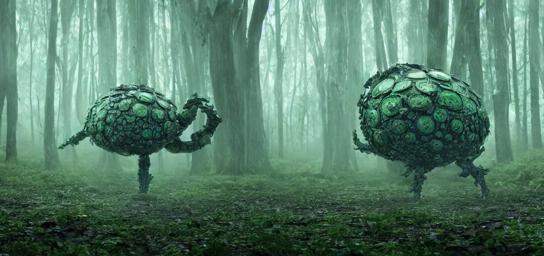 Image similar to a complex organic fractal 3 d metallic symbiotic ceramic humanoid megastructure creature in a swampy lush forest, foggy, cinematic shot, photo still from movie by denis villeneuve