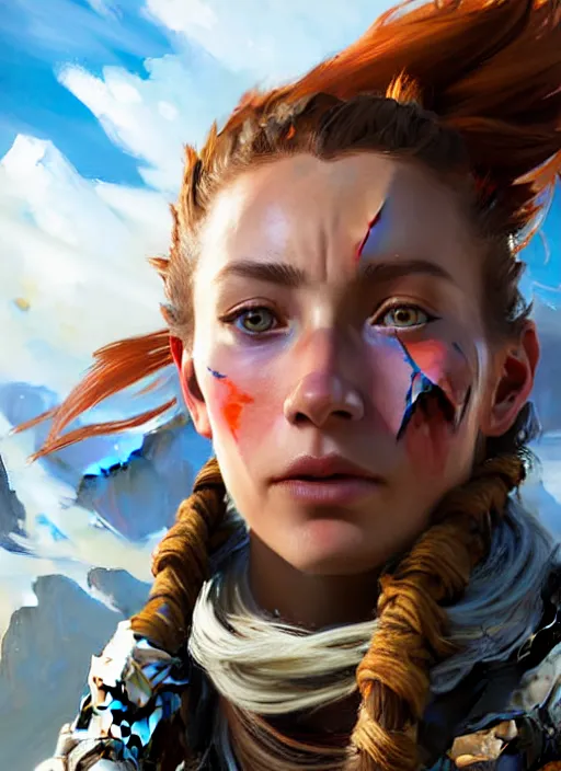 Image similar to portrait of a caucasian Aloy from Horizon Zero Dawn in the style of Apex Legends practicing, countryside, calm, fantasy character portrait, dynamic pose, above view, sunny day, clouds in the sky, artwork by Jeremy Lipkin and Giuseppe Dangelico Pino and Michael Garmash and Rob Rey and Greg Manchess, very coherent asymmetrical artwork, sharp edges, perfect face, simple form, 100mm