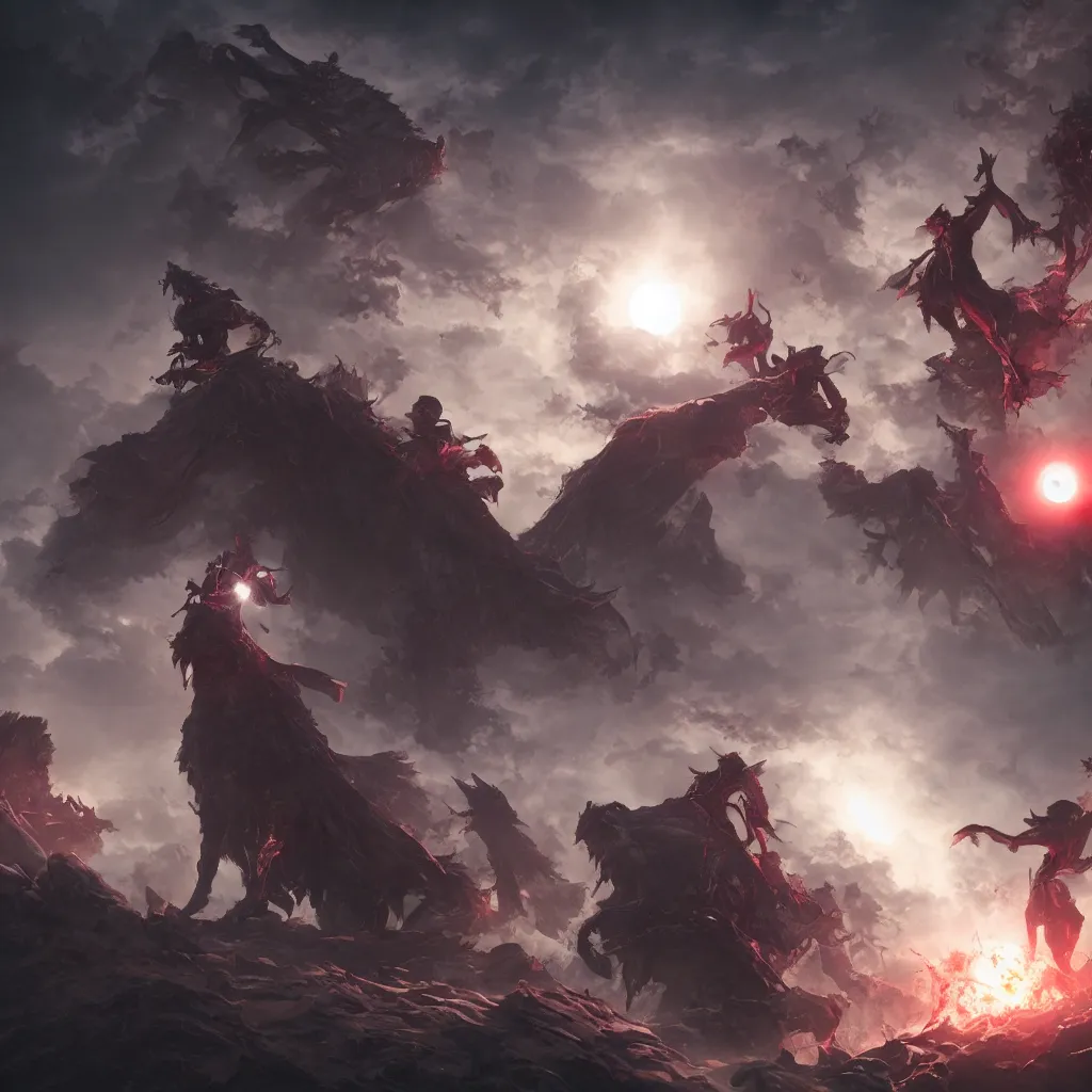 Prompt: berserk eclipse, blood, rossdraws, norman rockwell, emiliano ponzi, epic composition, hd, octane, unreal engine, volumetric lighting, light rays, masterpiece, award - winning