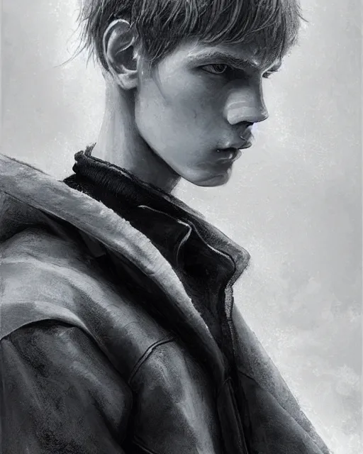 Image similar to portrait of 1 5 - year - old boy, a tall, slender boy with a pale, pointed face, white - blond hair, ice grey eyes, a pale complexion with sharp and pointed features, hyper realistic face, beautiful eyes, fantasy art, in the style of greg rutkowski, intricate, hyper detailed, smooth