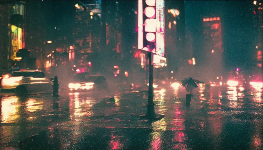 Image similar to street of new york photography, night, rain, mist, a umbrella pink, cinestill 8 0 0 t, in the style of william eggleston