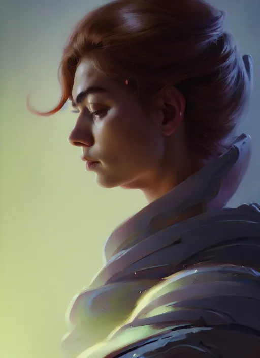 Image similar to side portrait, imogen poots, paladin, gloomhaven, organic painting, hard edges, gradient monochromatic color, luminescent, octane render, by greg manchess, huang guangjian, gil elvgren, sachin teng, greg rutkowski, jesper ejsing, rhads, ilya kuvshinov, cushart krenz