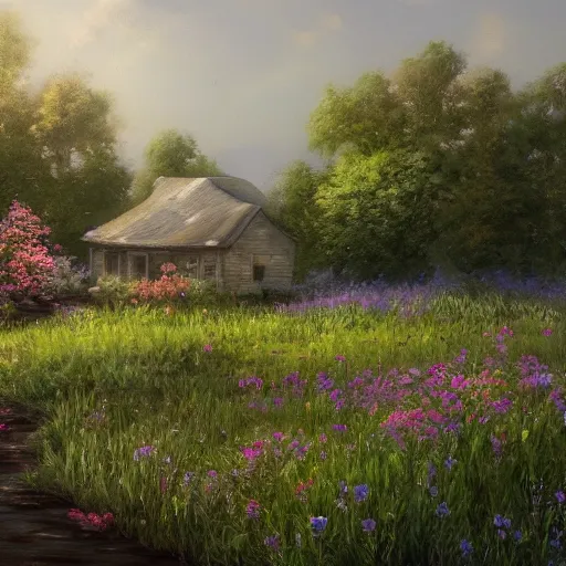 Image similar to a matte painting of a prairie, cottage close up, river, overgrown, patchy flowers, oil painting, pale colors, high detail, 8 k, wide angle, trending on artstation,