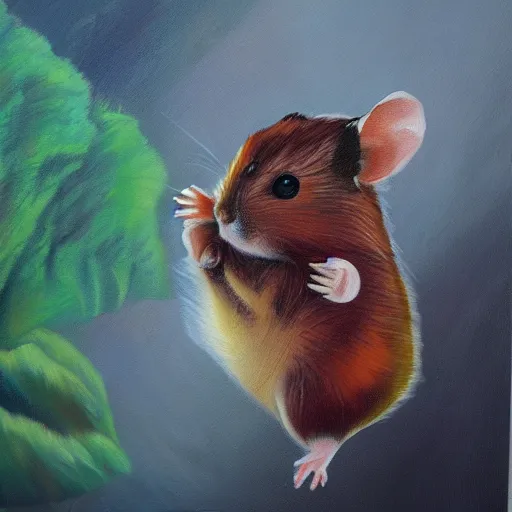 Image similar to n colorful oil painting of a hamster warrior going into battle