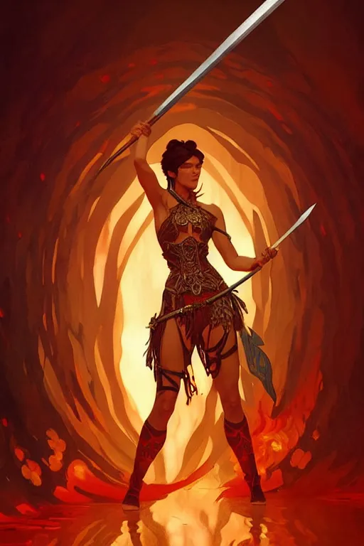 Image similar to a beautiful warrior woman with a fire sword, fantasy, sharp focus, intricate, elegant, digital painting, artstation, matte, highly detailed, concept art, illustration, ambient lighting, art by ilya kuvshinov, artgerm, Alphonse mucha, and Greg Rutkowski