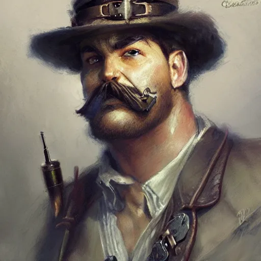 Image similar to a steampunk craftsman, burly with moustache, character portrait by greg rutkowski, gaston bussiere, craig mullins