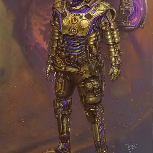 Image similar to portrait of a bronze steampunk android that emits purple fog, by donato giancola