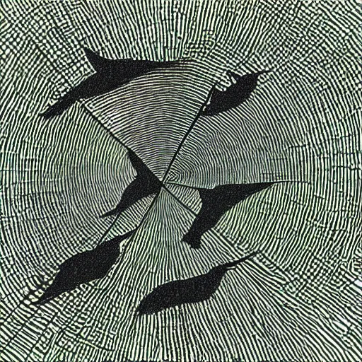 Prompt: birds flying into an ear portal, 7 0 s palette, grainy, stipple, by muhammad fatchurofi