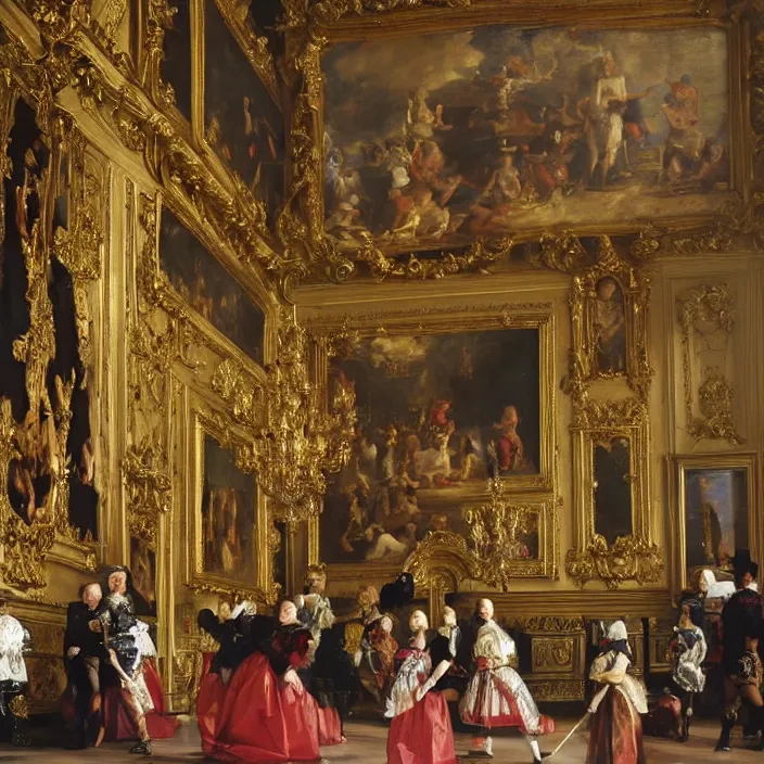 Image similar to fine art, oil on canvas baroque style by diego velasquez. the interior of the palace of versailles in france. fine art in the walls and