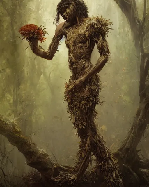 Prompt: person made of tree, bark for skin, leaf hair, covered in flowers, martial arts pose fantasy character portrait, full body, realistic beautiful face, greg rutkowski, gaston bussiere