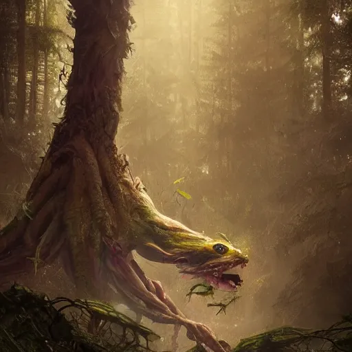 Image similar to a rat creature, in the shape of a ent, in a corrupted forest, by greg rutkowski, trending on art station, highly detailed, magic the gathering, matte painting