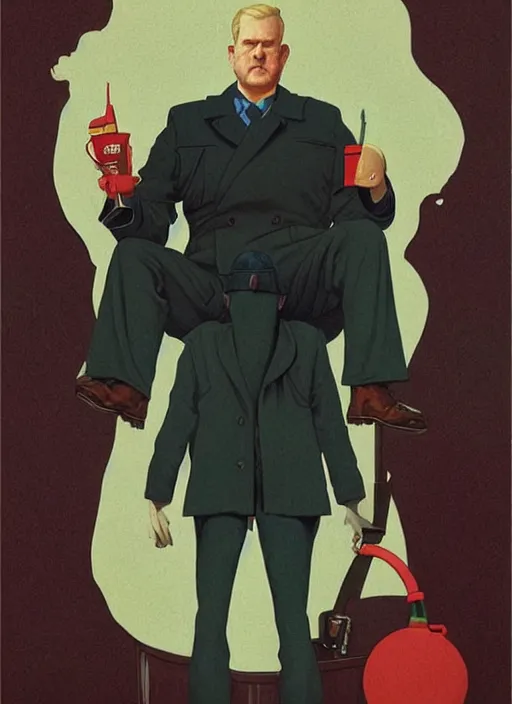 Prompt: poster artwork by Michael Whelan and Tomer Hanuka, Karol Bak of Jim Gaffigan hitman in peacoat chewing bubblegum, from scene from Twin Peaks, clean, simple nostalgic, domestic, norman rockwell