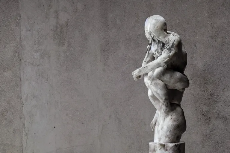 Prompt: a sculpture of a person sitting on top of a chair, a marble sculpture by nicola samori, behance, neo - expressionism, marble sculpture, apocalypse art, made of mist 1 2 3 5 0. 0