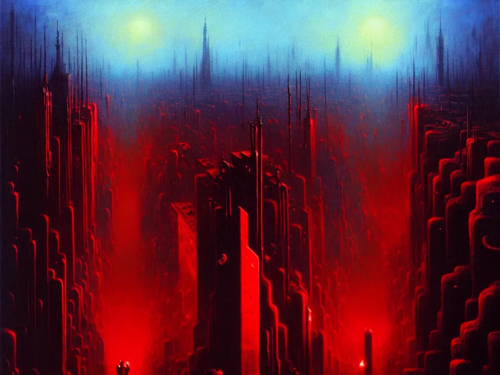 Image similar to an epic cityscape painting of a nightmarish hellscape full of cosmic horrors, by zdzisław beksinski and greg rutkowski, wall street, horror, surreal, cyberpunk, dark, vivid, red, blue, oil on canvas, neon lights, epic, organic