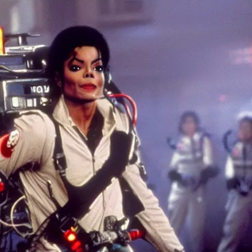 Image similar to stunning awe inspiring michael jackson with a highly detailed face as a ghostbuster in the movie ghostbusters, movie still 8 k hdr atmospheric lighting