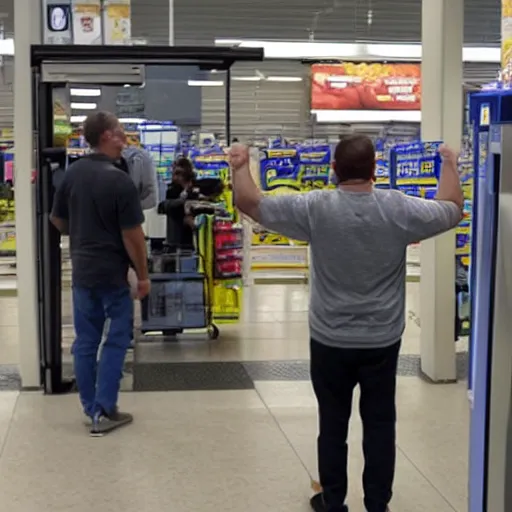 Image similar to determined man holds the automatic doors at Walmart open while straining and screaming and crowd looks on with awe