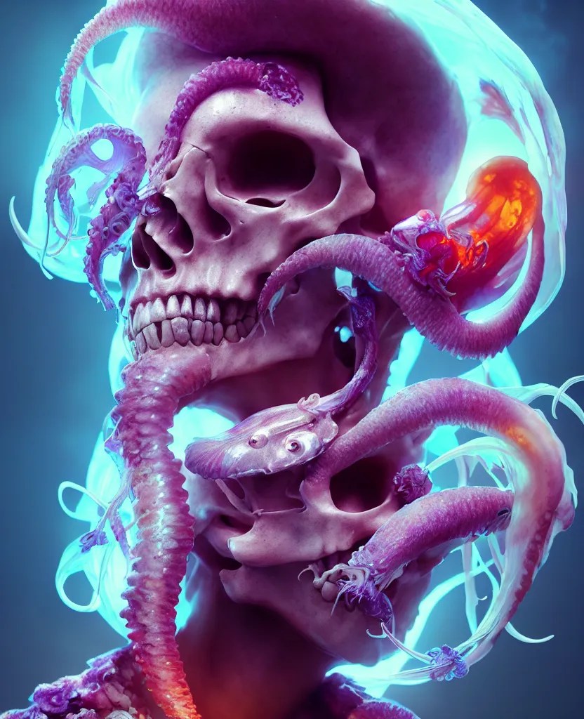 Image similar to goddess close - up portrait human skull, ram skull, squid phoenix jellyfish, orchid, betta fish, bioluminiscent, intricate artwork by tooth wu and wlop and beeple. octane render, trending on artstation, greg rutkowski very coherent symmetrical artwork. cinematic, hyper realism, high detail, octane render, 8 k