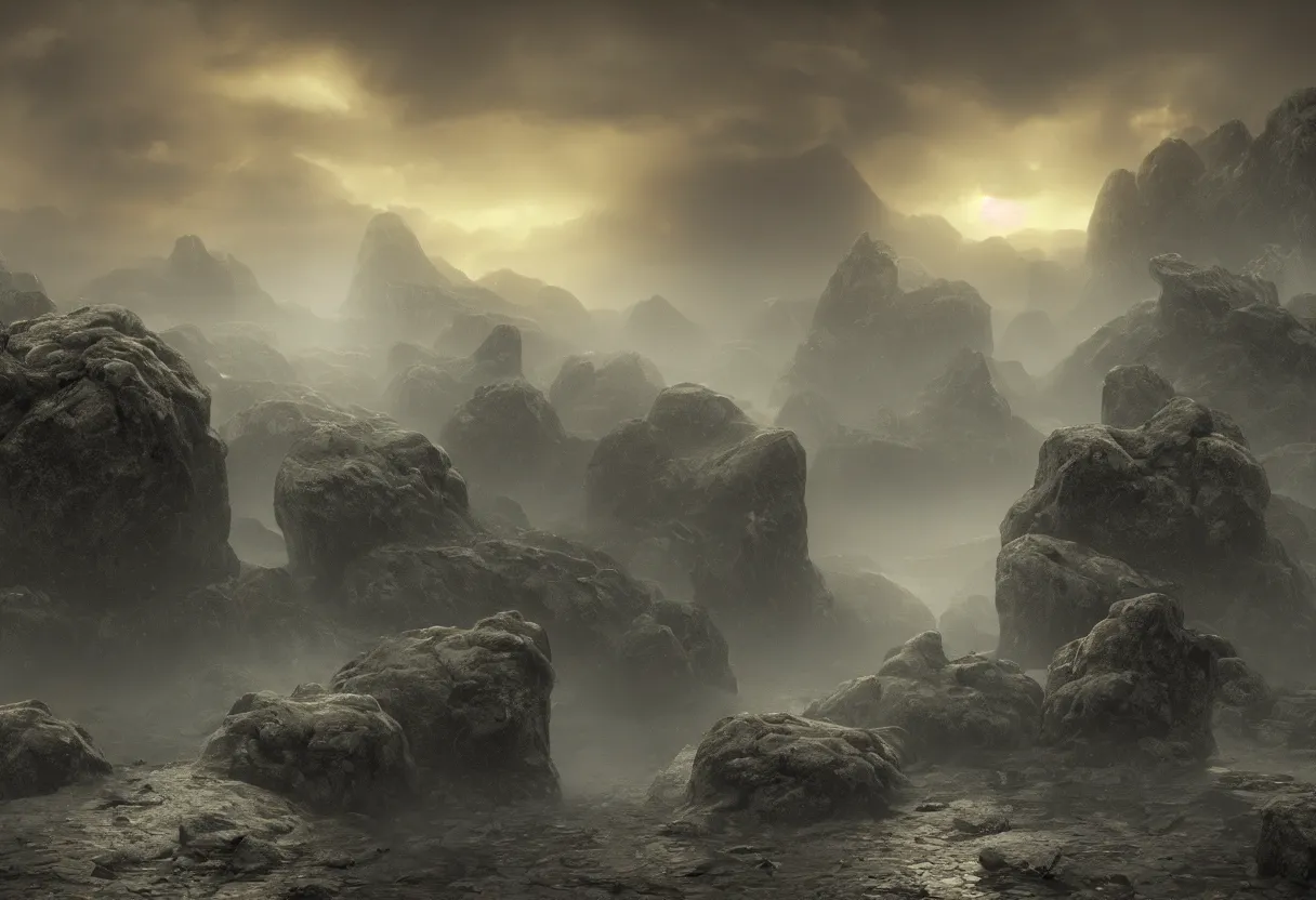 Image similar to Photorealistic epic misty landscape with magically floating rocks, with ominous storm clouds, bioluminescent runes, stones falling from the sky, a gentle rising mist. occult photorealism, UHD, amazing depth, glowing, golden ratio, 3D octane cycle unreal engine 5, volumetric lighting, cinematic lighting, in the style of Michael Whelan and Gustave Dore. Hyperdetailed photorealism, epic scale, misty, 108 megapixels, amazing depth, glowing rich colors, powerful imagery, psychedelic Overtones, concept art