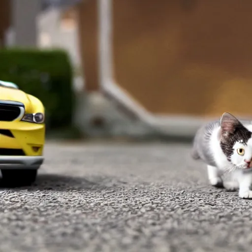 Image similar to cat driving a tiny car being chased by a dog, photo, detailed, 4k