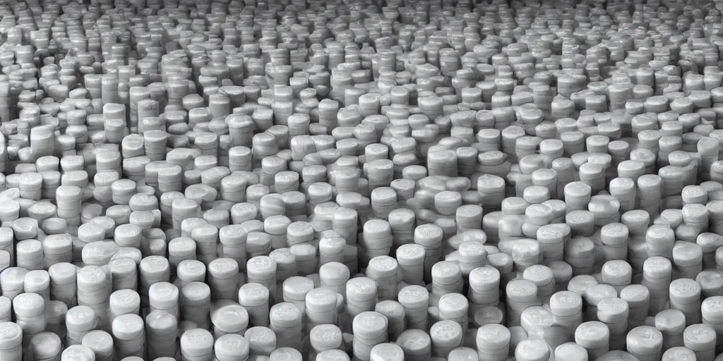 Image similar to a film still of pharmaceuticals piling up in a vault, shallow depth of field, cinematic, award winning cgi, vfx, film still