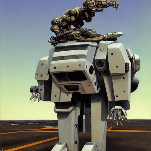 Prompt: Portrait of a white heavy mecha with a human contorling it on cockpit, very coherent, painted by Edward Hopper, Wayne Barlowe, painted by James Gilleard, airbrush, art by JamesJean