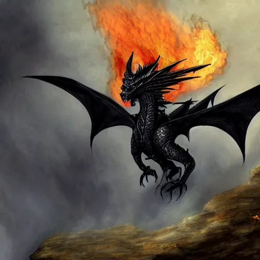 Prompt: A flying black dragon roaring fire, high fantasy, 4k, in the style of John Howe