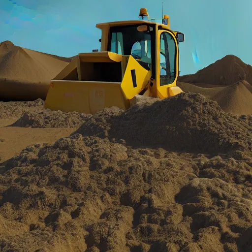 Image similar to in the center of a large sandy quarry in the sand lies a large golden ball, a broken excavator is standing nearby, an anomalous air funnel is nearby, 3 d render, high quality, depth of sharpness, focus on the object