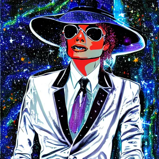 Image similar to digital painting of Michael Jackson in a cosmic scenery my Ralph Steadman, hyper detailed, white suit and hat