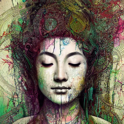 Prompt: contented female bodhisattva, praying meditating, realism, elegant, intricate, close up, portrait photograph by Carne Griffiths and David Cronenberg