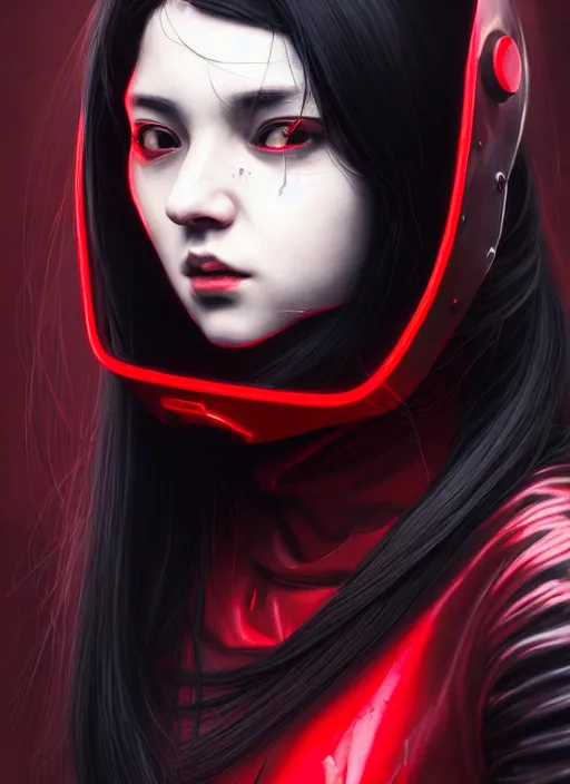 Image similar to portrait of long black hair girl within a red steel mask and techwear. cynical face, concept art, cyberpunk illustration, intricate, highly detailed 8 k, smooth, matte, sharp focus, rim light, beautiful and aesthetic shape of face and body, artgerm, artstation, art by gharliera and rinotuna and junpei