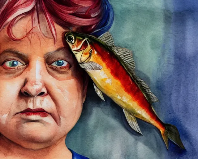 Image similar to an innocent and beautiful scene in hyper realistic style, watercolor and pen oily drawing on wood, of a fat old woman painting a huge colorful fish on the wall, lighting from the barred window. shadows. 4 k. wide angle. wild mood. red mouth, blue eyes. deep focus, lovely scene. ambient occlusion render. unreal engine.