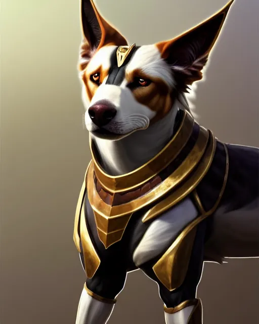 Image similar to nasus the armored egyptian anubis white and brown border collie warrior from videogame league of legends the armored egyptian collie warrior from videogame league of legends with the face of a white and brown border collie, full body armor, highly detailed, artstation, cinematic character, by artgerm and greg rutkowski