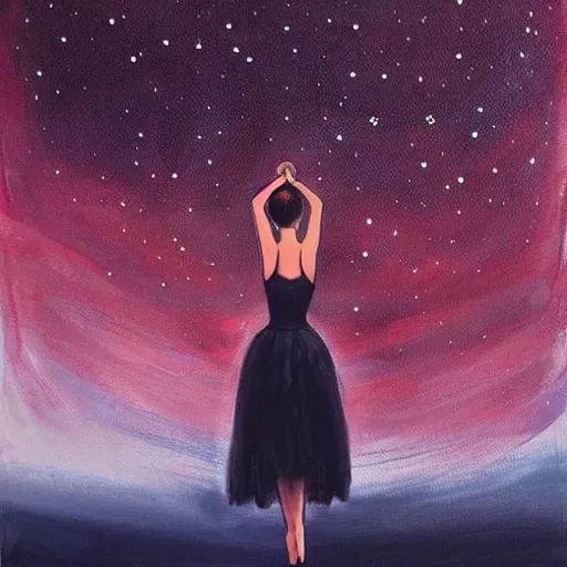 Image similar to ballerina in a dress looking at a starry sky, galaxy, beautiful, painting, highly detailed, soft light