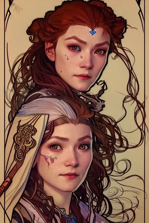 Prompt: beautiful art - nouveau portrait painting of aloy!!!, aloy!!!, artstation, horizon - zero - dawn!!!, art by mucha, detailed, fine line work