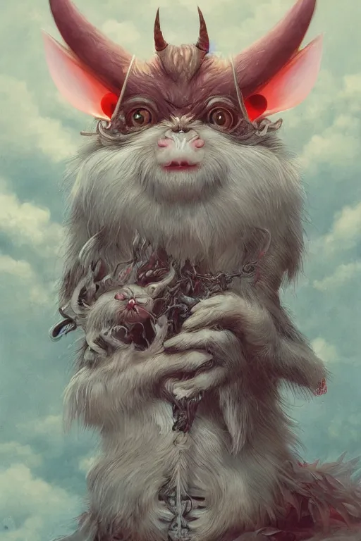 Image similar to a portrait of a cute japanese devil animal illustrated by miyazaki by karol bak, james jean, tom bagshaw, rococo, sharp focus, trending on artstation, cinematic lighting, hyper realism, octane render, 8 k, hyper detailed, vivid, ultra detailed, highly detailed