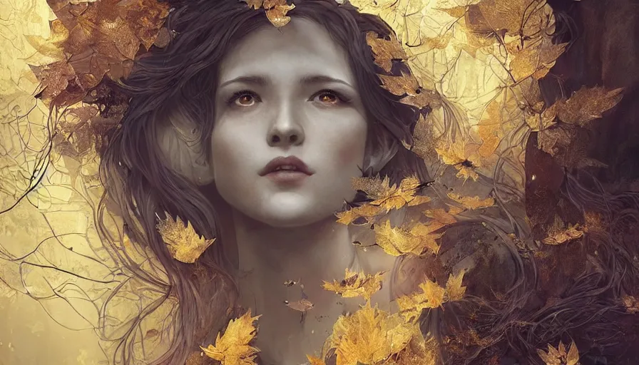 Image similar to golden leaves at frame border, creative!!! composition for a book cover!!!, absurdly beautiful, ultrafine hyperrealistic detailed old!! witch face by wlop and artgerm and greg rutkowski, intricate linework, sharp focus, smooth, octopath traveler, final fantasy, unreal engine, dramatic lighting, ethereal, 8 k