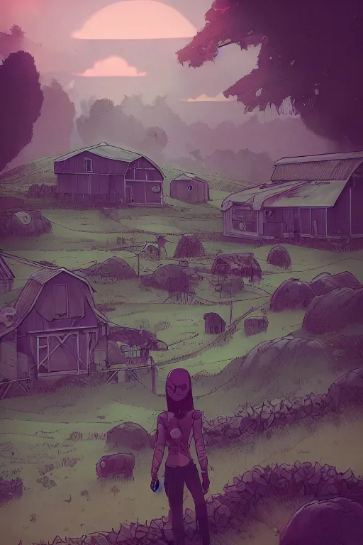 Prompt: farm 👾, artstation, dark lines, moebius + loish, hd,