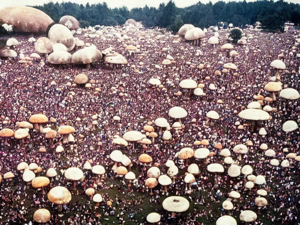 Image similar to trippy 70s photograph of hippy festival woodstock with giant mushrooms