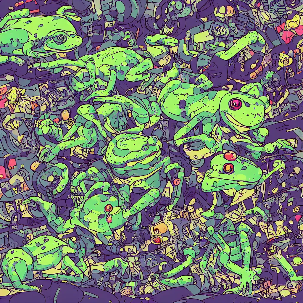 Image similar to toads, deconstructed amphibian, ryuta ueda artwork, breakcore, style of jet set radio, y 2 k, gloom, space, cel - shaded art style, indigo rainbow, data, minimal, code, cybernetic, dark, eerie, cyber