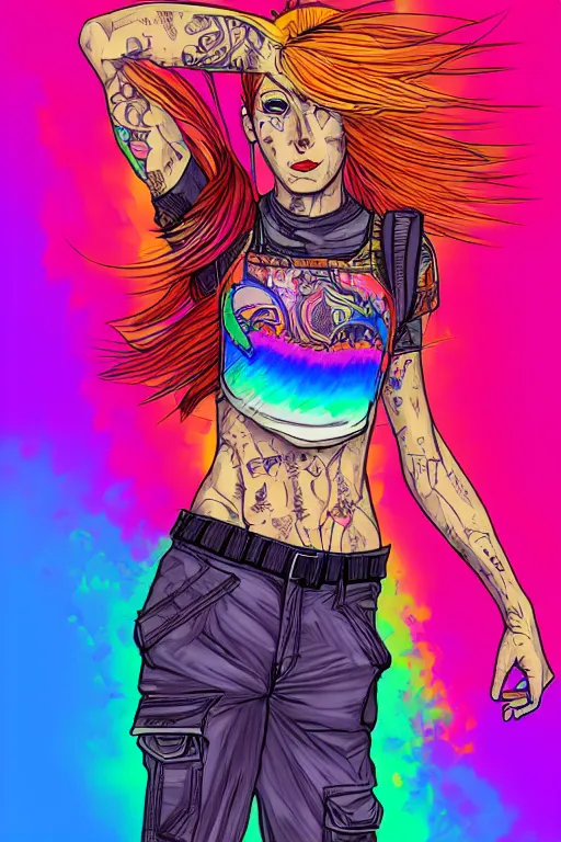 Image similar to a award winning half body portrait of a beautiful woman with stunning eyes in a printed croptop and cargo pants with rainbow colored ombre hairstyle head in motion and hair flying by josan gonzales, outrun, vaporware, shaded flat illustration, digital art, trending on artstation, highly detailed, fine detail, intricate