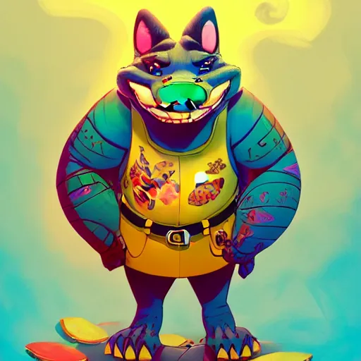 Prompt: in the style of artgerm, loish and ross tran, anthropomorphic alligator, symmetrical face, symmetrical eyes, red scales on his back, yellow scale on his belly and chest, male, waring a hawaiian shirt, in the style of zootopia