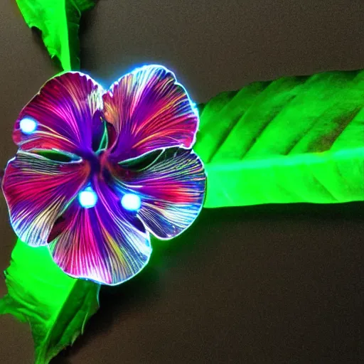Prompt: a hibiscus flower, cybernetic, made of metal, shiny, glowing
