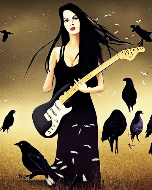 Prompt: a beautiful woman with Long black hair playing electric guitar by her White Pontiac Firebird convertible is surrounded by a flock of friendly crows, atmospheric, photorealistic