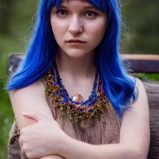 Image similar to dslr photo of a pretty young woman, full bodied portrait, with blue hair, sitting on a bench wearing a flower skirt, and body and wearing hemp sandals and a very detailed faerie necklace around neck, very high quality face, intricate details, extremely high quality, moody lighting, real camera, real photo 8 k, full subject in shot