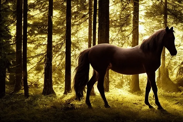 Image similar to beautiful horse in the forest evening natural light by Emmanuel Lubezki