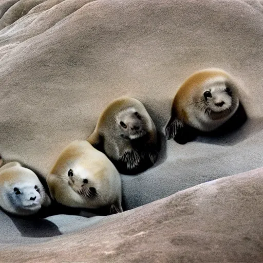 Prompt: a cave painting of three baby harp seals playing, National Geographic photo