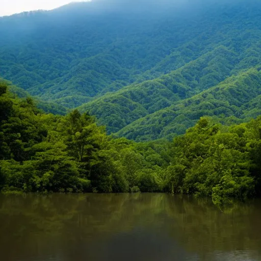 Prompt: Photograph of the Great Smokey Mountains flooded by orange juice