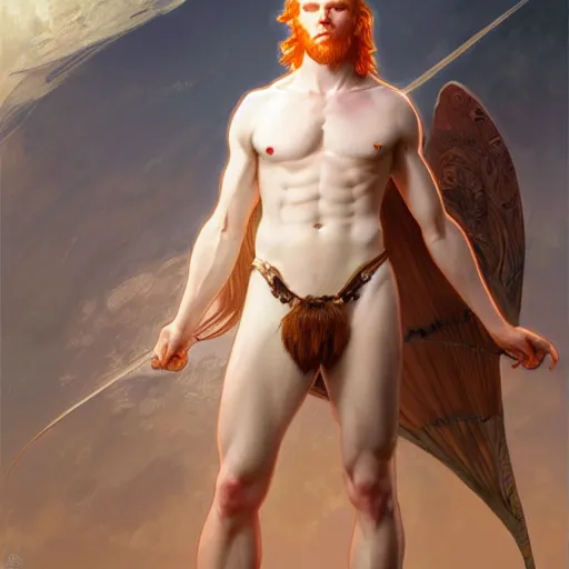 Image similar to panoramic view, beautiful natural male ginger angel wearing a white loincloth, intricate, elegant, highly detailed, digital painting, artstation, concept art, smooth, sharp focus, illustration, art by artgerm and greg rutkowski and alphonse mucha and loish and WLOP