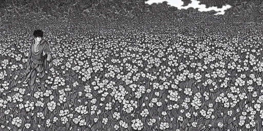 Image similar to Guts in a serene flower field by Kentaro Miura, highly detailed, black and white