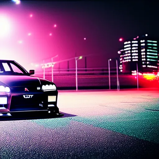 Prompt: a car Nissan Skyline GTR at illegal car meet, Saitama prefecture, city sunset mist lights, cinematic color, photorealistic, highly detailed, 200MM